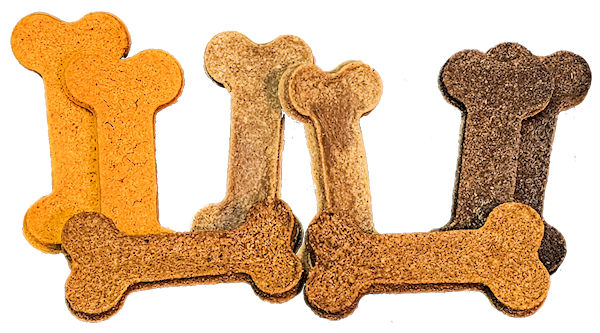Multiple flavors of dog treats made from oat flour, beef, chicken, cheese, and peanuts